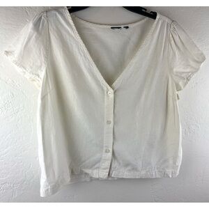 Gap White Linen Blend Cropped button front blouse Ca XL 80s Boxie Look